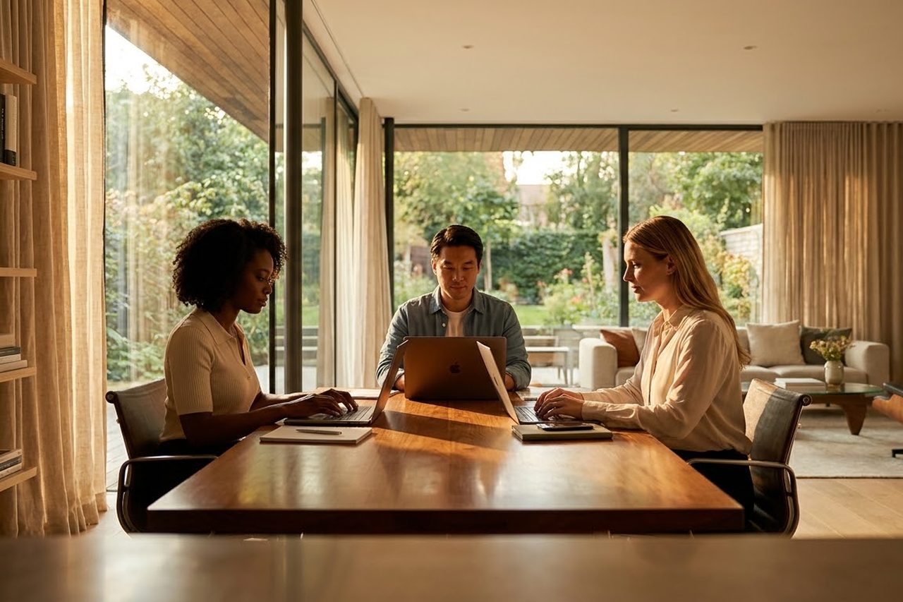 Three colleagues working at a shared table in warm daylight.