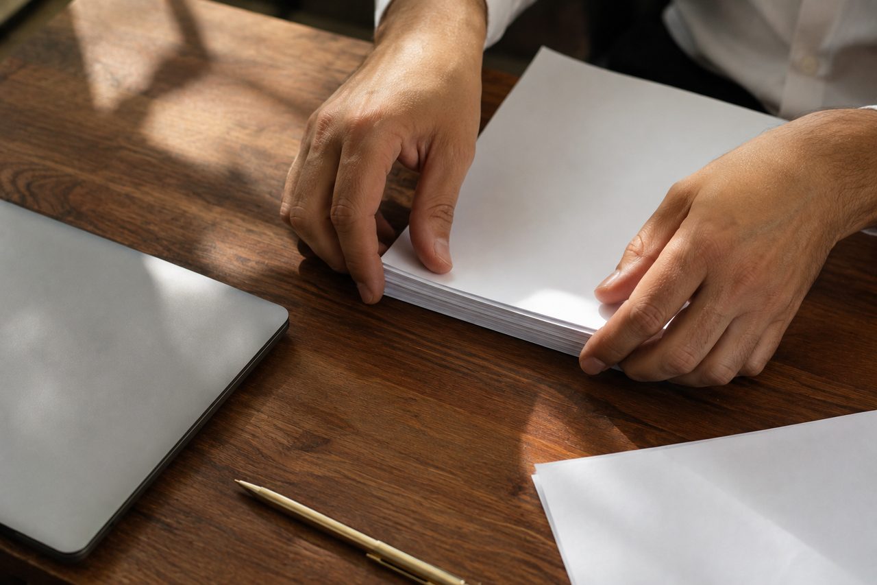 Hands squaring a stack of documents on a wooden desk beside a closed laptop and a gold pen.