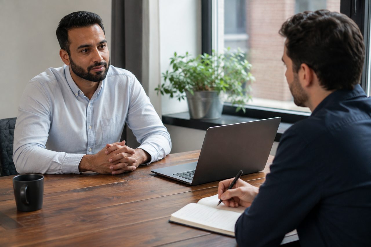 Two people in a structured interview across a wooden desk, one listening, the other taking notes beside a laptop.
