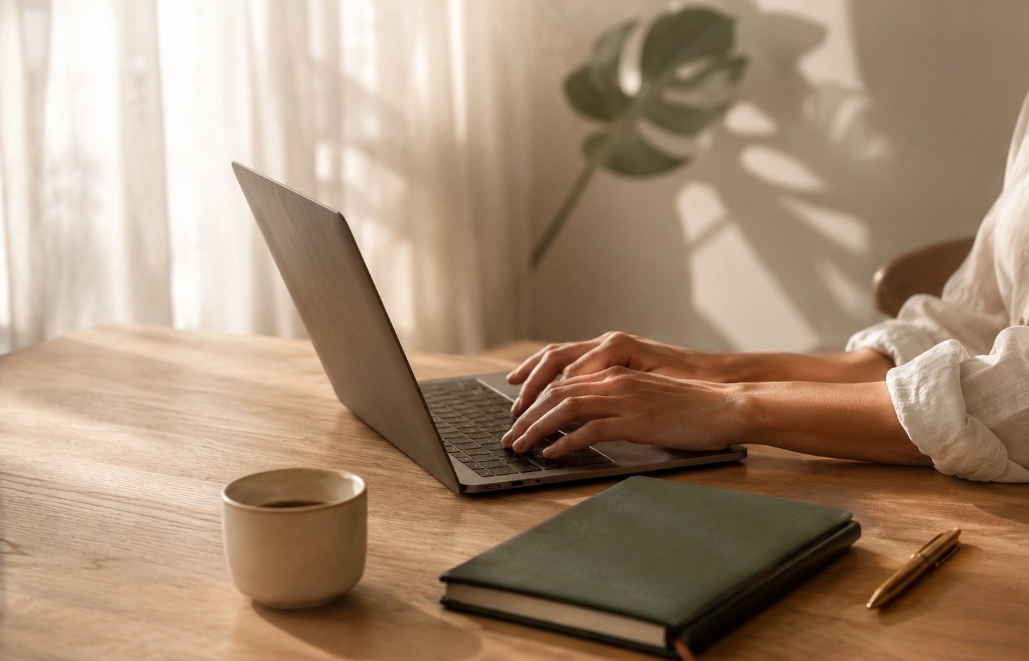 A remote professional working at a laptop in warm daylight.